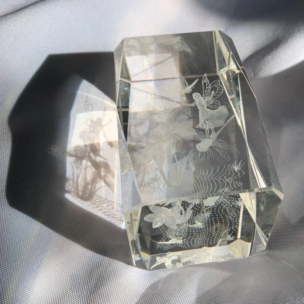 3D Laser Etched Crystal Glass Fairy Dragonfly Flowers Paperweight Desk-weight
